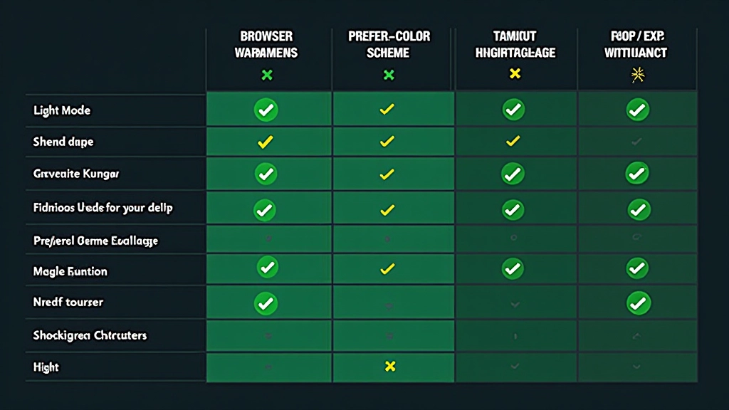 Browser compatibility tabel met groene vinkjes voor moderne browsers, gele waarschuwingen voor IE