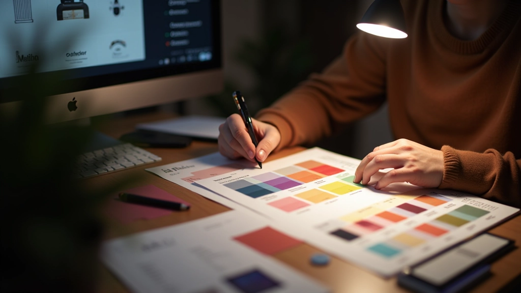 Kleurpalet schema met primaire merkkleur, neutrale tinten en accentkleuren voor licht en donker thema's