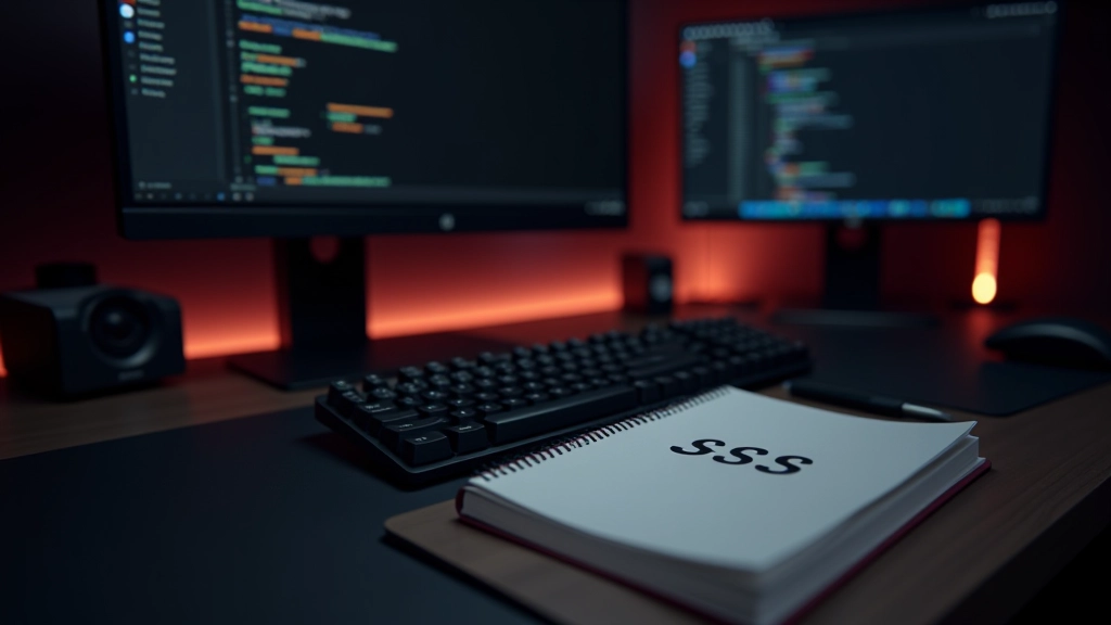 Keyboard en notitieboekje met CSS custom properties schema op bureau met monitor op achtergrond