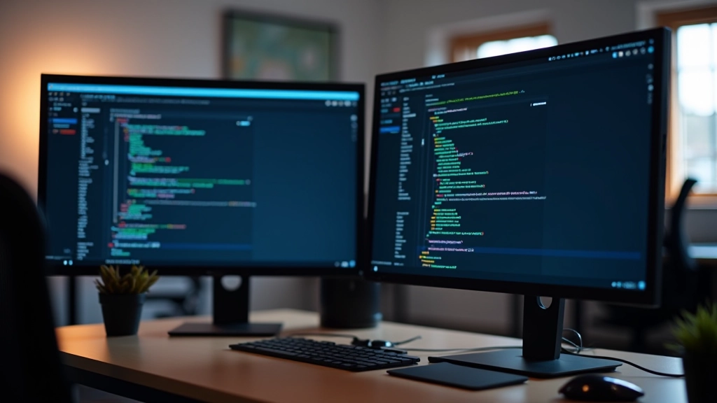 Moderne webontwikkelingsstudio met twee monitors waarop licht en donker thema's worden getoond